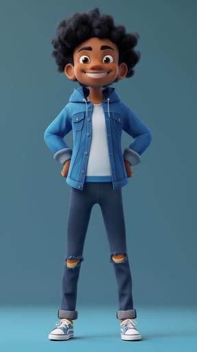 make it a boy black dressing a blue t-shirt, trousers and chuck taylor's, black power hair, confident poses, pixar eyes big smile, young adults, in the style of realist: game character, uhd image, smilecore --ar 9:16 --v 6.0