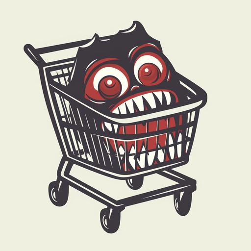make me a 70's or 80's inspired store logo. Doom Theme, Shopping cart with eyes and a mouth, red theme, complete white background so that it is easy to cut out. --v 5 --q 2