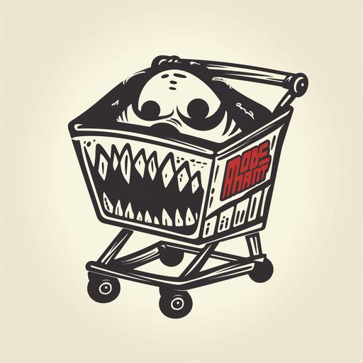 make me a 70's or 80's inspired store logo. Doom Theme, Shopping cart with eyes and a mouth, red theme, complete white background so that it is easy to cut out. --v 5 --q 2