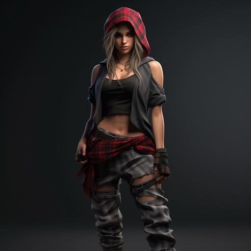 make me a badass, intimidating, Serious, Senister, Strong, tough, masculine, trousers, Flannel, T shirt, mask, bandana, mysterious, Female character, dynamic pose, full body portrait, realistic