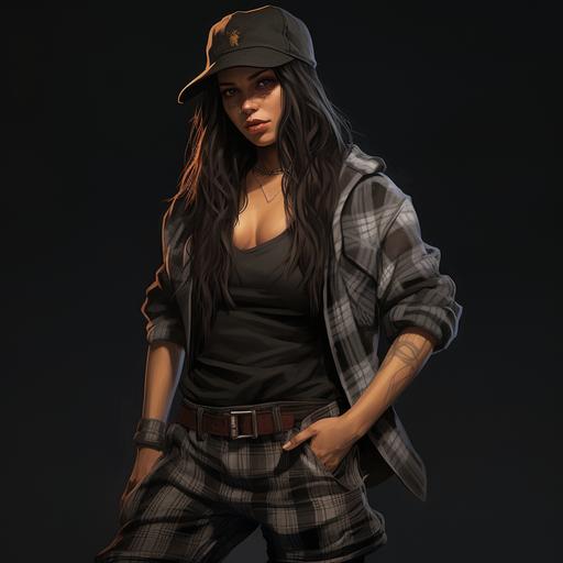 make me a badass, intimidating, Serious, Senister, Strong, tough, masculine, trousers, Flannel, T shirt, mask, hat, mysterious, Female character, dynamic pose, full body portrait, realistic
