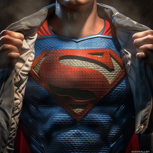 make me a photo of a close up a superman suit doing a superman iconic pose by ripping his uniform clothes so his suit will be seen make sure his uniform clothes has pockets