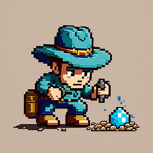 make me a pixel art with a little miner with a blue cowboy hat mining diamonds