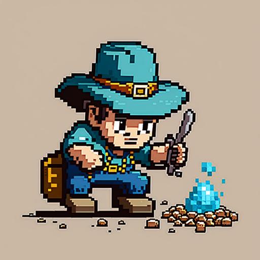 make me a pixel art with a little miner with a blue cowboy hat mining diamonds