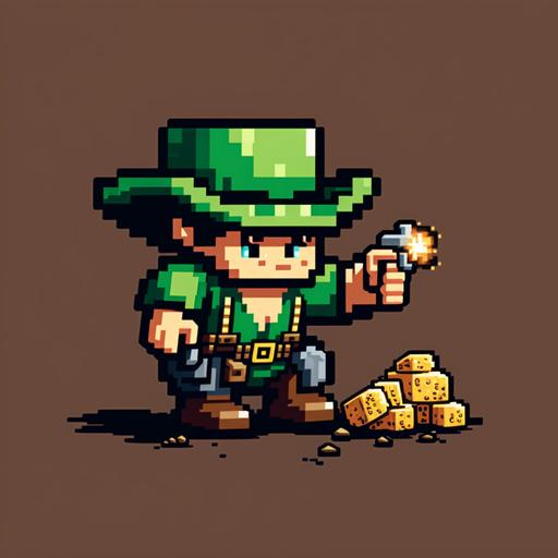 make me a pixel art with a little miner with green cowboy hat mining gold