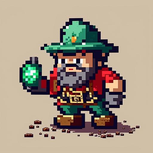 make me a pixel art with a little miner with red cowboy hat mining emeralds