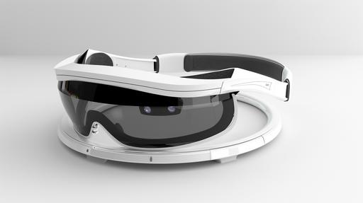 make the best looking ar/vr headset ever seen, it also needs to be resting on a low profile circular stand with a bunch of digital display like stuff, real world conceptual design. glasses are white, black, metal accents, very details, in a white setting --ar 16:9 --s 50