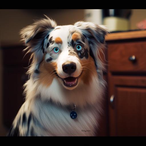make this dog into a black and merle australian shepherd cartoon character in pixar movie style --v 5