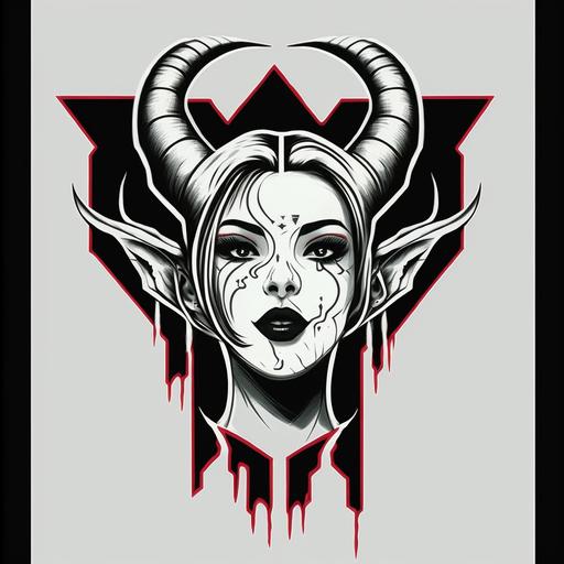 make this drawing line art in white and red with black backround , geometrical triangle neck , women with horns, sticking tongue out ,white eyes --s 750 --q 2 --uplight