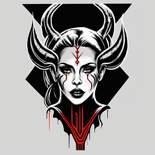 make this drawing line art in white and red with black backround , geometrical triangle neck , women with horns, sticking tongue out ,white eyes --s 750 --q 2 --uplight