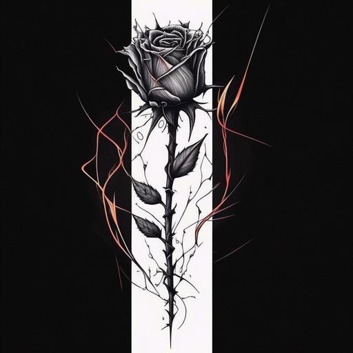 make this minimalistic white line art of a rose with steel spikes around it r, rose in flames , full black backround --s 750 --q 2 --uplight