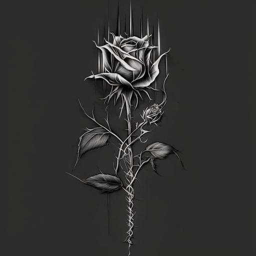 make this minimalistic white line art of a rose with steel spikes around it r, rose in flames , full black backround --s 750 --q 2 --uplight
