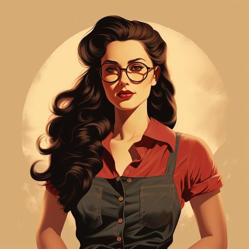1940's era female farmer. long brunette hair. glasses confident. rebel. use as logo