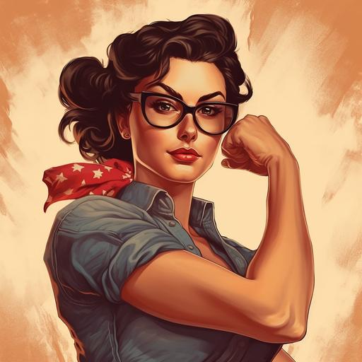 modern day Rosie the Riveter depiction. brunette woman, glasses. rebel. use as logo