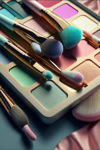 makeup brushes, pastel colors, an eyeshadow palette lies on the side of the table, detailed, hyper-realistic, HD, 8k, sharp, beautiful lighting, 3D, HD, --ar 2:3 --v 4