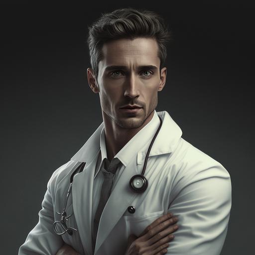male D:\Photo\MJ\Pose.jpg doctor white lab coat stethescope --v 4