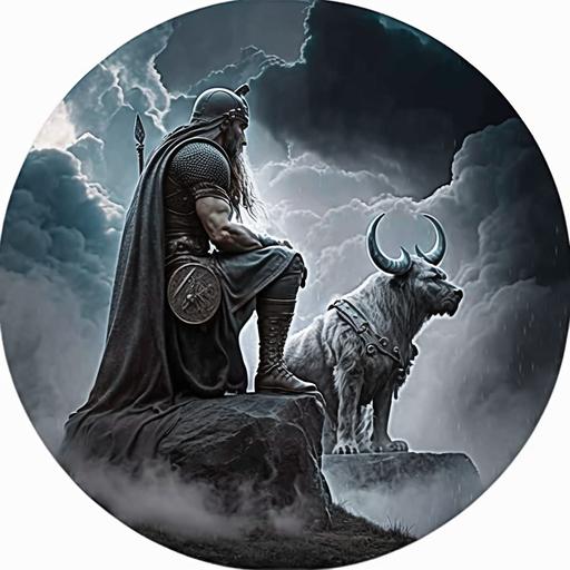 male Viking figure kneeling and looking up at a big figure of a Norse god of thunder, fiery sky, lightning, bowed head, round shield in hand, high resolution, hyper realistic,
