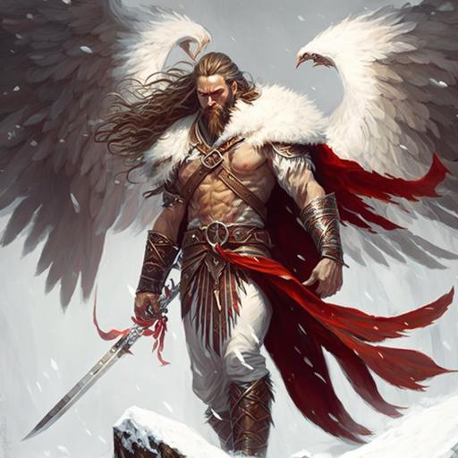 male aasimar with large angelic red wings, wearing winter furs, preparing to take flight, right hand wields longsword, long hair and beard