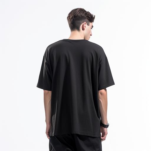 male between 18 and 30 years old are wearing plain and black oversized t-shirt with no pattern. the photo was taken from a back angle, model is standing in a white studio with white background. streetwear vibe. The T-shirt has a length of 76 centimeters, a chest circumference of 126 centimeters, a sleeve length of 27 centimeters, a hem width of 3 centimeters, and a small collar. It is made of 32-count pure cotton fabric and weighs 350 grams. The photo was captured using a Canon EOS R5 camera and a standard lens, with a low-angle perspective, showcasing the model's height of 180 centimeters and the entire outfit --v 5.2
