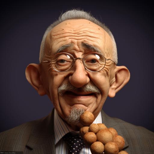 male character, old man, 3D cartoon, with a head shaped exactly roasted chickpea , avatar, extensive details