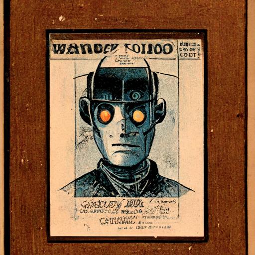 male cyborg robot, old western wanted poster mugshots by Wally Wood, by François Schuiten, by Katsuya Terada