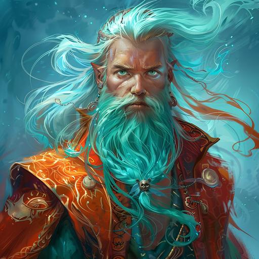 male dungeons and dragons 5e Illusion Wizard light blue skin teal and coral orange hair with bright emerald green eyes wearing ocean themes wizard robes