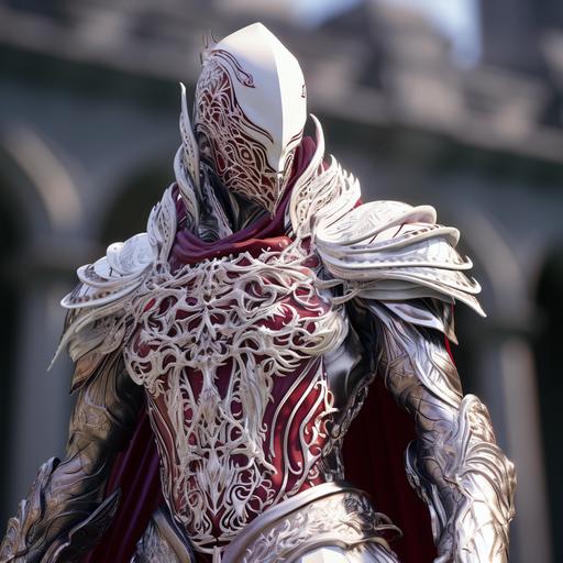 male elf knight in hyper detailed filagree and baroqur pearlescent white and ruby red armor and cloak studded with small rubies, intricately detailed, fullarmor and purple bandana tied around head, cinematic airship background, unreal engine, muscles, tattoos, photo realistic, high fantasy, lord of the rings