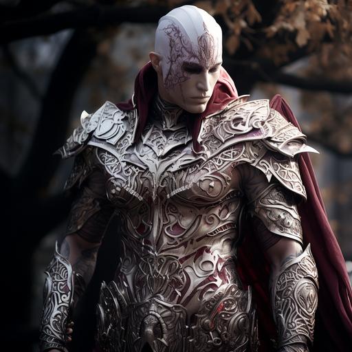 male elf knight in hyper detailed filagree and baroqur pearlescent white and ruby red armor and cloak studded with small rubies, intricately detailed, fullarmor and purple bandana tied around head, cinematic airship background, unreal engine, muscles, tattoos, photo realistic, high fantasy, lord of the rings