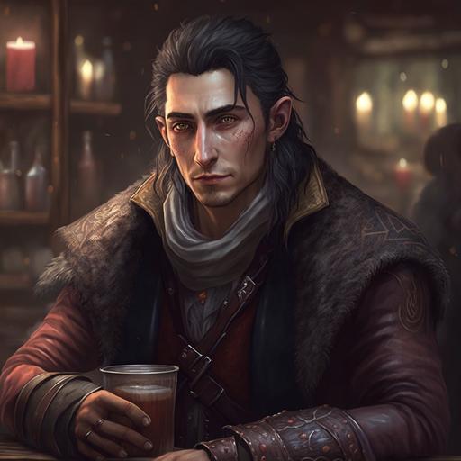 male elf, pointy elf ears, gray eyes, dark hair, long hair, fantasy aesthetic, full body, standing in a tavern, insanely detailed, stern expression, thirty years old, atmospheric, cool tone, pointy ears, elf ears, eye bags, handsome, exhausted, scarf, leather coat, earrings, christmas, soft lighting, winter time, --v 4