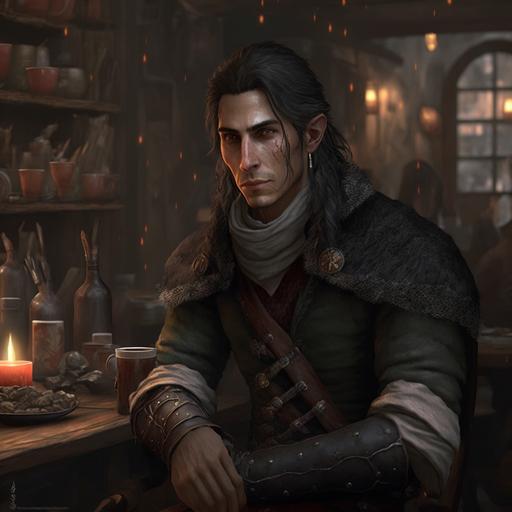 male elf, pointy elf ears, gray eyes, dark hair, long hair, fantasy aesthetic, full body, standing in a tavern, insanely detailed, serious expression, rugged, thirty years old, atmospheric, cool tone, pointy ears, elf ears, eye bags, exhausted, wool scarf, heavy coat, earrings, armor, christmas, soft lighting, winter time, --v 4