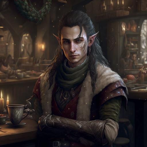 male elf, pointy elf ears, gray eyes, dark hair, long hair, fantasy aesthetic, full body, standing in a tavern, insanely detailed, serious expression, rugged, thirty years old, atmospheric, cool tone, pointy ears, elf ears, eye bags, exhausted, wool scarf, heavy coat, earrings, armor, christmas, soft lighting, winter time, --v 4