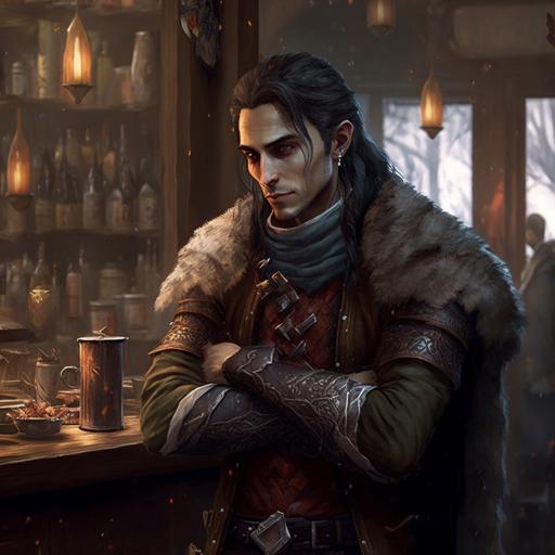 male elf, pointy elf ears, gray eyes, dark hair, long hair, fantasy aesthetic, full body, standing in a tavern, insanely detailed, serious expression, thirty years old, atmospheric, cool tone, pointy ears, elf ears, eye bags, exhausted, wool scarf, heavy coat, earrings, armor, christmas, soft lighting, winter time, --v 4