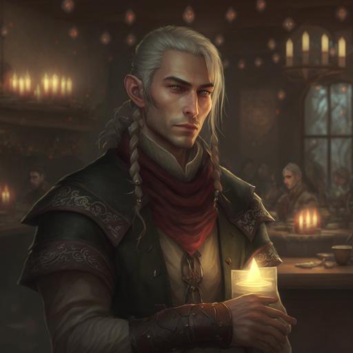 male elf, pointy elf ears, gray eyes, light hair, long hair, fantasy aesthetic, full body, standing in a tavern, insanely detailed, serious expression, thirty years old, atmospheric, cool tone, pointy ears, elf ears, eye bags, handsome, exhausted, scarf, leather coat, earrings, christmas, soft lighting, winter time, --v 4