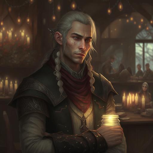 male elf, pointy elf ears, gray eyes, light hair, long hair, fantasy aesthetic, full body, standing in a tavern, insanely detailed, serious expression, thirty years old, atmospheric, cool tone, pointy ears, elf ears, eye bags, handsome, exhausted, scarf, leather coat, earrings, christmas, soft lighting, winter time, --v 4