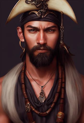 male fantasy pirate character, serious looking, bronze skin tone, bandanna on head, earrings, animal bone necklace, artstation, by artgerm, portrait --ar 2:3 --test --upbeta