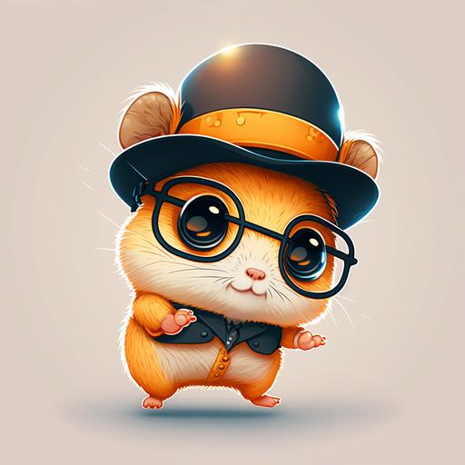 male gender,chibiultra cute orange lone hamster,jumping,with glasses,dressed as a human,wearing a thomas shelby hat,looking at camera,close to camera,vector illustration,background transparent,8k
