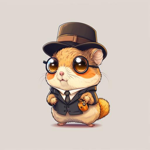 male gender,chibiultra cute orange lone hamster,jumping,with glasses,dressed as a human,wearing a thomas shelby hat,looking at camera,close to camera,vector illustration,background transparent,8k