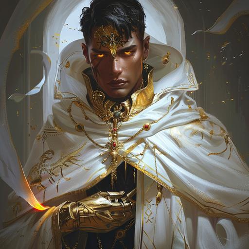 male, handsome, short black hair, yellow eyes, intricate white robes with gold jewelry, Large gold gauntlets, SCIFI fantasy robes, futuristic fantasy, dungeons and dragons, pathfinder, anime style, --v 6.0