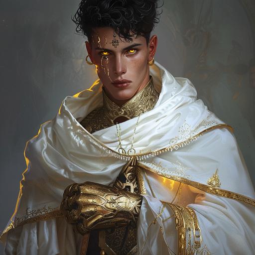 male, handsome, short black hair, yellow eyes, intricate white robes with gold jewelry, Large gold gauntlets, SCIFI fantasy robes, futuristic fantasy, dungeons and dragons, pathfinder, anime style,