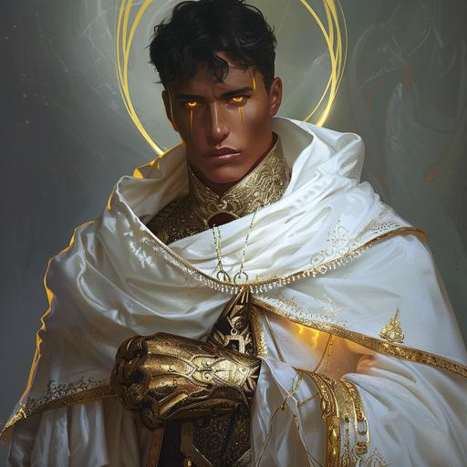 male, handsome, short black hair, yellow eyes, intricate white robes with gold jewelry, Large gold gauntlets, SCIFI fantasy robes, futuristic fantasy, dungeons and dragons, pathfinder, anime style, --v 6.0