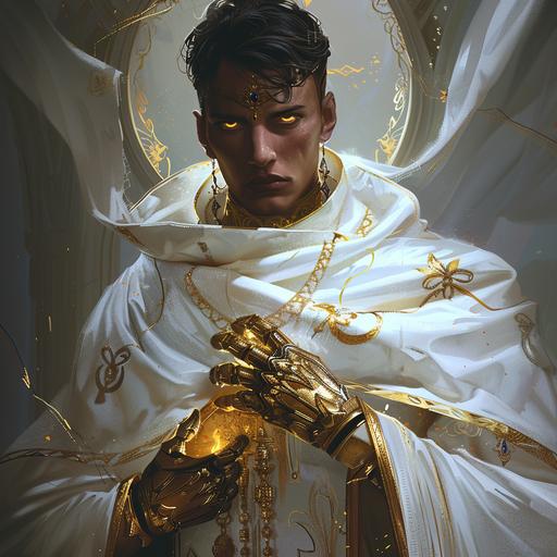 male, handsome, short black hair, yellow eyes, intricate white robes with gold jewelry, Large gold gauntlets, SCIFI fantasy robes, futuristic fantasy, dungeons and dragons, pathfinder, anime style, --v 6.0