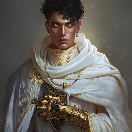 male, handsome, short black hair, yellow eyes, intricate white robes with gold jewelry, Large gold gauntlets, SCIFI fantasy robes, futuristic fantasy, dungeons and dragons, pathfinder, anime style,