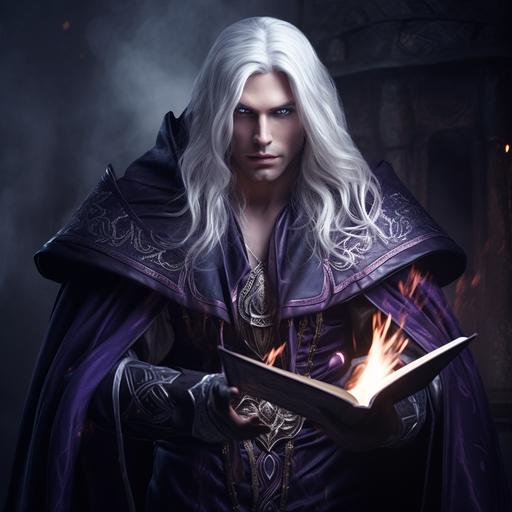 male high elf wizard, Long white hair, dark purple robe with hood, Blue eyes, with a quarterstaff and a spellbook