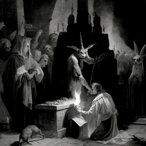 male hooded Vermapyre priest sacrifices a two-headed goat upon the altar of forbidden misery, vampire bats, 6 female cult followers worship in the church, year 1854, Hyperrealistic b&w photograph in the style of E Elias Merhige --uplight