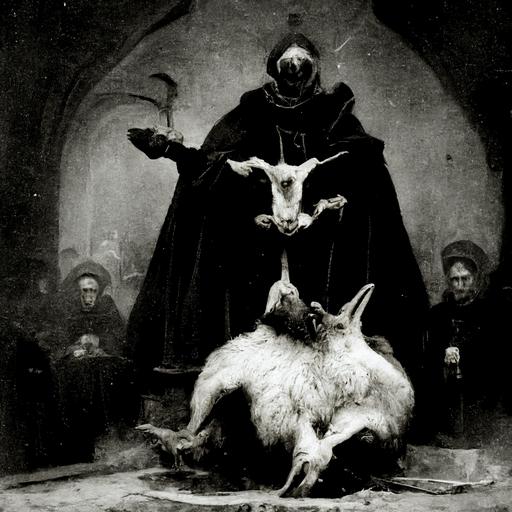 male hooded Vermapyre priest sacrifices a two-headed goat upon the altar of forbidden misery, vampire bats, 6 female cult followers worship in the church, year 1854, Hyperrealistic b&w photograph in the style of E Elias Merhige