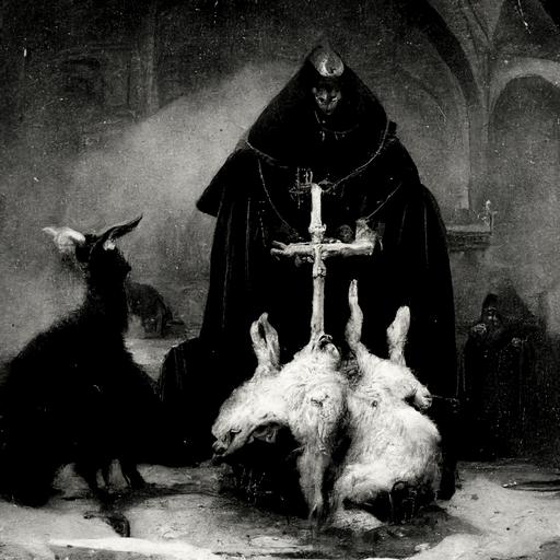 male hooded Vermapyre priest sacrifices a two-headed goat upon the altar of forbidden misery, vampire bats, 6 female cult followers worship in the church, year 1854, Hyperrealistic b&w photograph in the style of E Elias Merhige