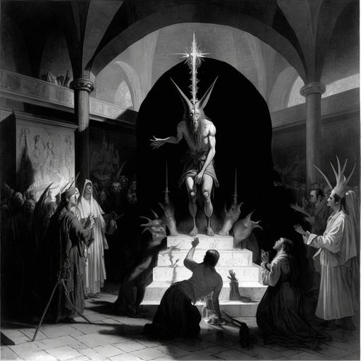 male hooded Vermapyre priest sacrifices a two-headed goat upon the altar of forbidden misery, vampire bats, 6 female cult followers worship in the church, year 1854, Hyperrealistic b&w photograph in the style of E Elias Merhige --uplight