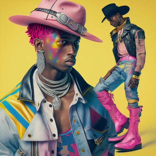male hypebeast, skateboading cowboy, miami streetstyle, futurism, sneakers, gloves, spurs, denim, leathe, pink bandana around neck, world of women, styled by pharrell williams and virgil abloh