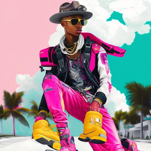 male hypebeast, skateboading cowboy, miami streetstyle, futurism, sneakers, gloves, spurs, denim, leathe, pink bandana around neck, world of women, styled by pharrell williams and virgil abloh