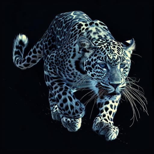 male leopard in colored pencil style, very dramatic and very creative, Tri tone, running, dark blue and light grey --v 6.0